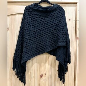 2 Chic Black Knit Asymmetrical Fringe Poncho Cowl Neck Open Lattice One Size